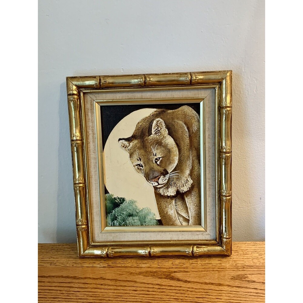 VTG Oil Painting Canvas Mountain Lion Signed Wood 70s 80s Bamboo Gold Framed Ma